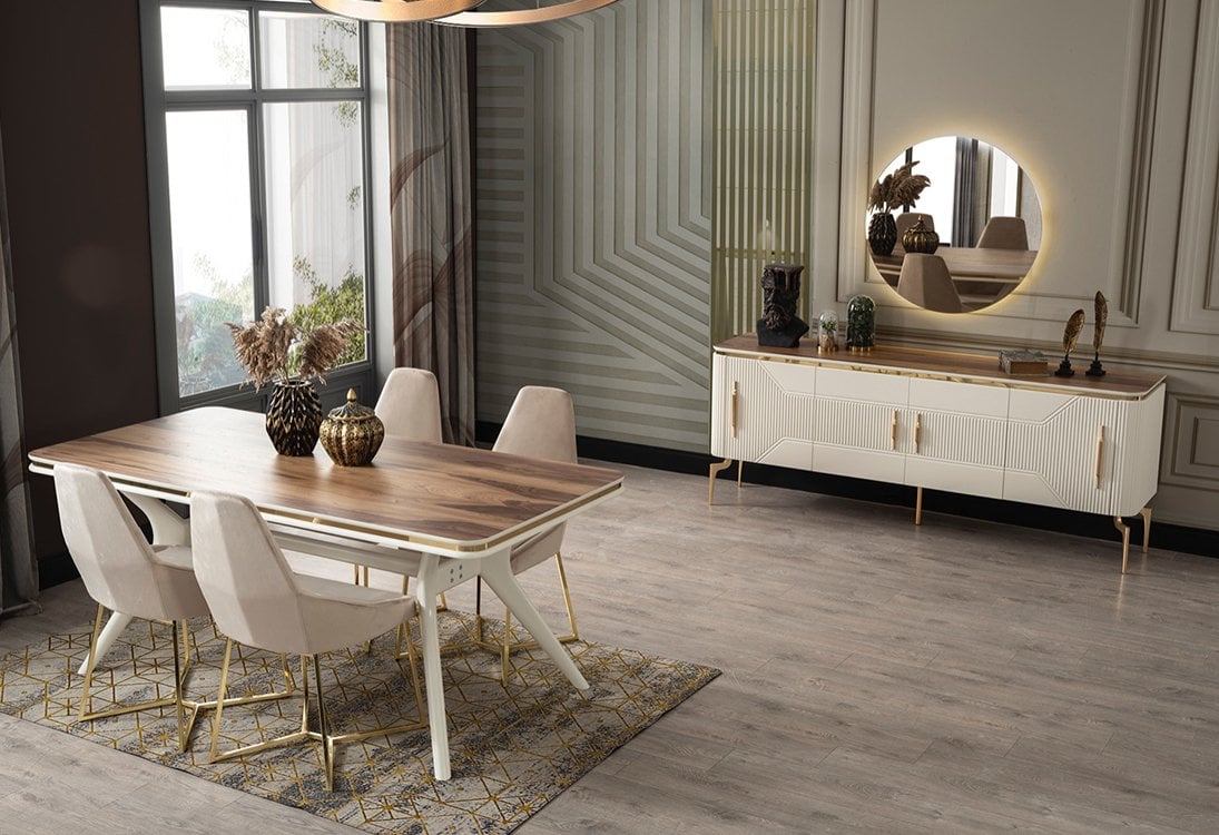 Elit Zen Yemek Odası Takımı (Ceviz-Krem)