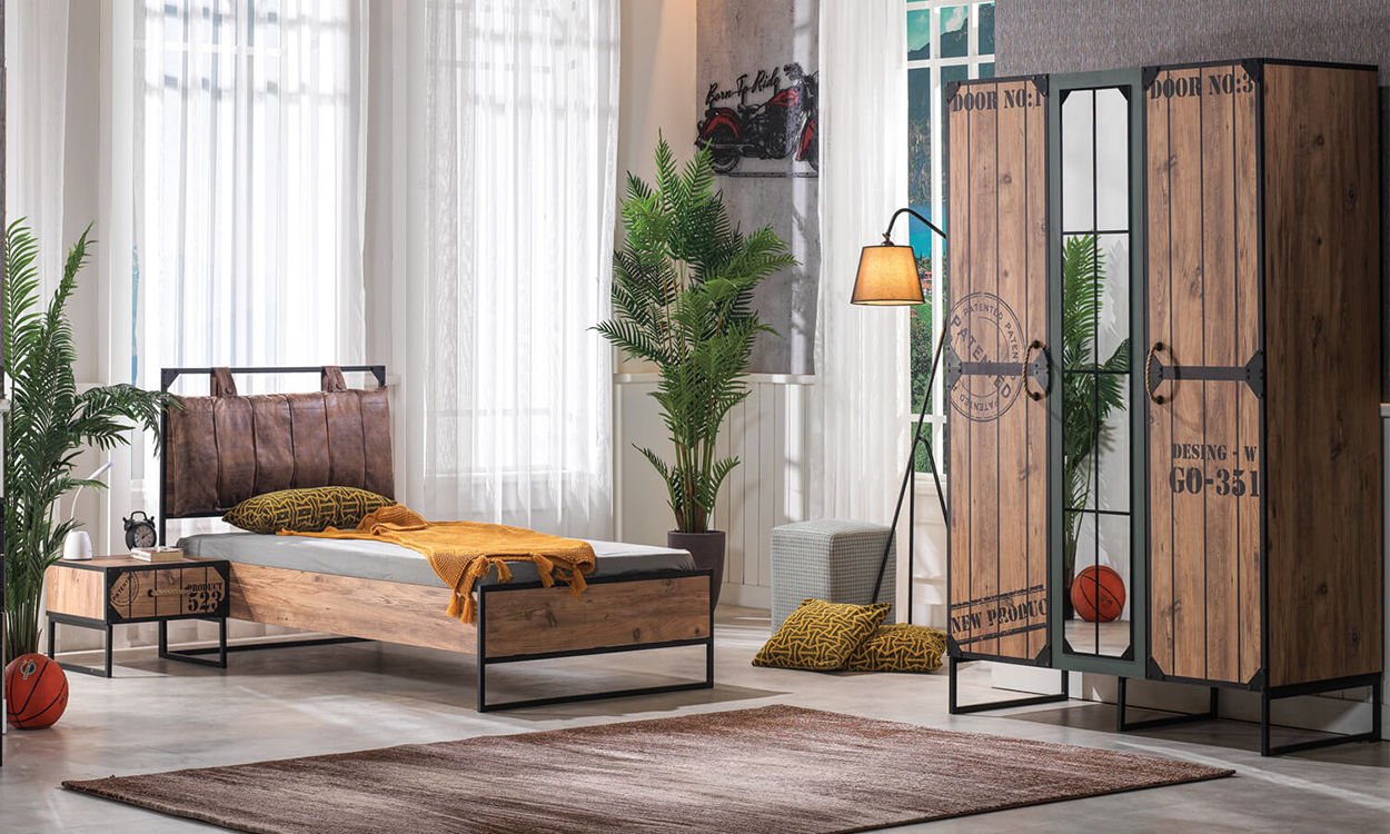 Loft Genç Odası Takımı (3 Kapılı Dolap * 100-200 Başlıklı Karyola* Komodin)