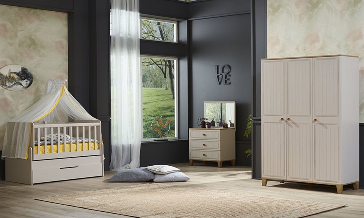 Ege Bebek Odası Takımı (3K  Dolap + Komodin + Monttesori Karyola + Büyük Beşik)