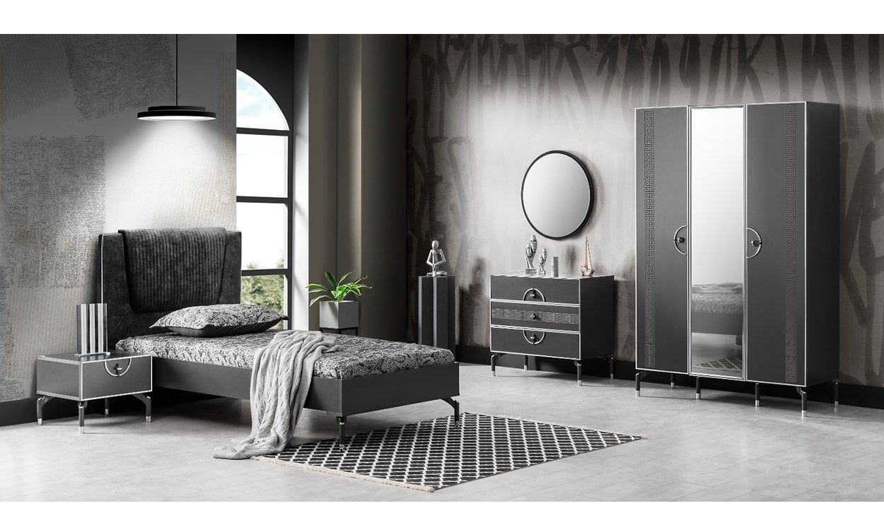 Active Antrasit Genç Odası Takımı (3 Kapılı Dolap, Komodin, 100*200 cm Başlıklı Karyola)