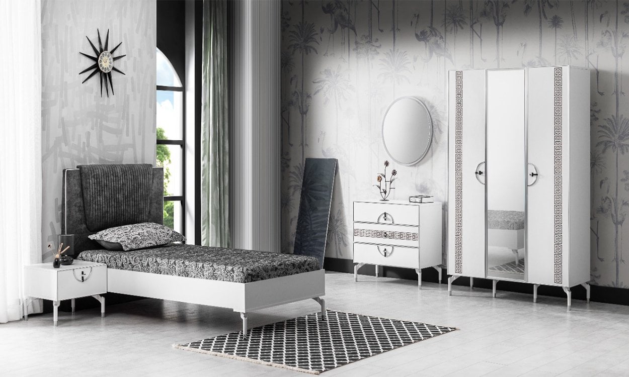 Active Beyaz Genç Odası Takımı (3 Kapılı Dolap, Komodin, 100*200 cm Başlıklı Karyola)