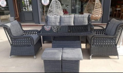 Rondi Antrasit Rattan Bahçe Mobilyası (Salon, Balkon, Cafe Ofis) 3+1+1+2Puf+Masa