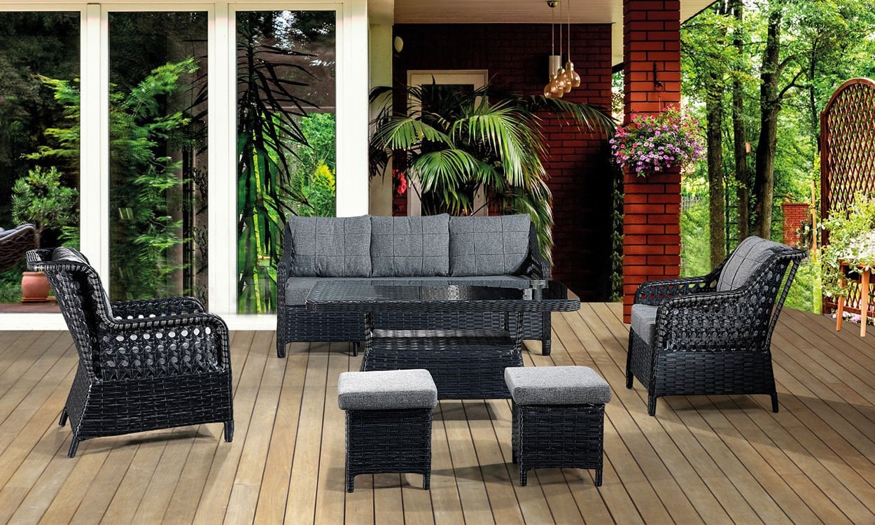 Rondi Antrasit Rattan Bahçe Mobilyası (Salon, Balkon, Cafe Ofis) 3+1+1+2Puf+Masa