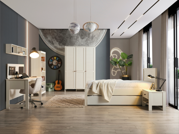 İnci Genç Odası Takımı(3 Kapaklı Dolap+Karyola+Masa)