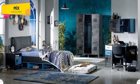 Maxi Genç Odası Takımı (3 Kapılı Dolap * 120-200 Başlıklı Karyola* Komodin) (Siyah)