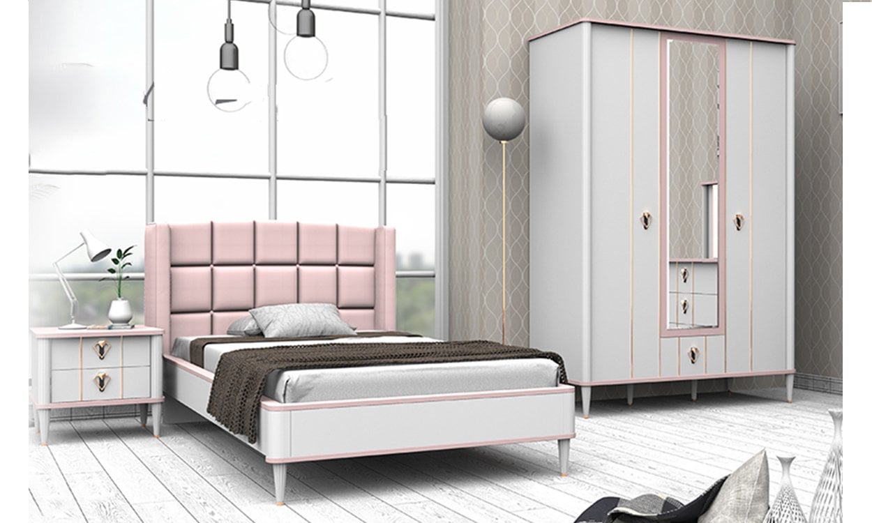 Florya Genç Odası Takımı (Pembe) (3 Kapılı Dolap* Karyola * Komodin)
