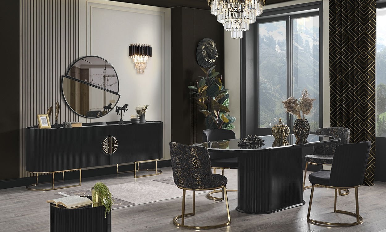 Guccix Siyah Gold  Yemek Masası ve 6 Sandalye