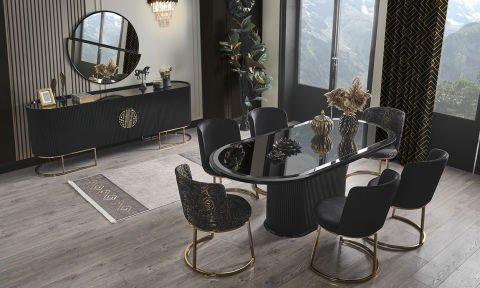 Guccix Siyah Gold  Yemek Masası ve 6 Sandalye