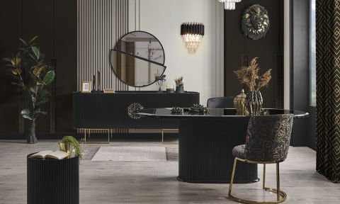 Guccix Siyah Gold  Yemek Masası ve 6 Sandalye