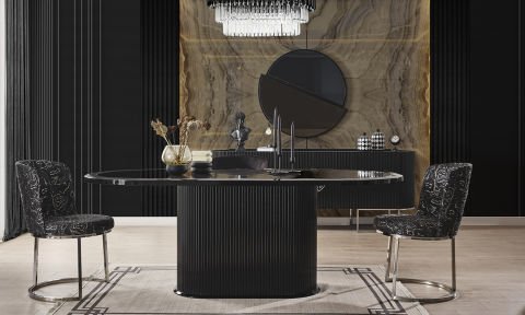 Guccix Siyah Krom Yemek Masası ve 6 Sandalye