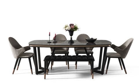 Tesla Siyah-Bronz Yemek Masası ve 4 Sandalye +1 Bench