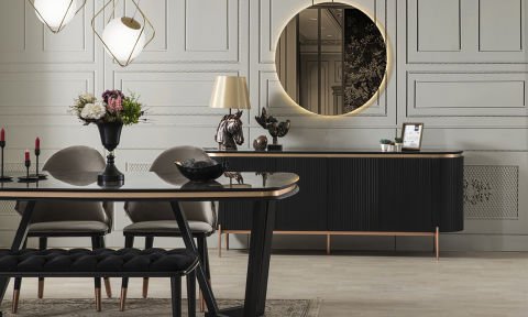 Tesla Siyah-Bronz Yemek Masası ve 4 Sandalye +1 Bench