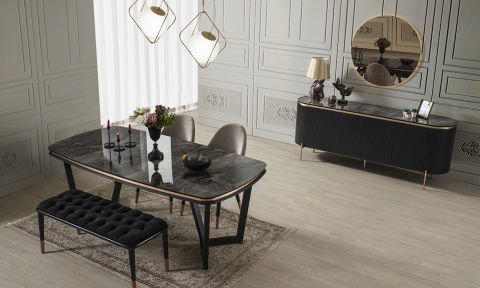 Tesla Siyah-Bronz Yemek Masası ve 4 Sandalye +1 Bench