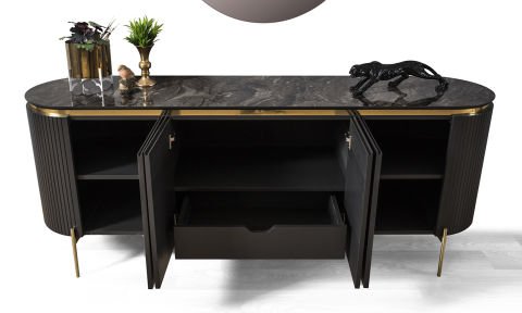 Tesla Siyah-Gold Yemek Odası Takımı