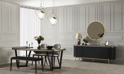 Tesla Siyah-Gold Yemek Odası Takımı