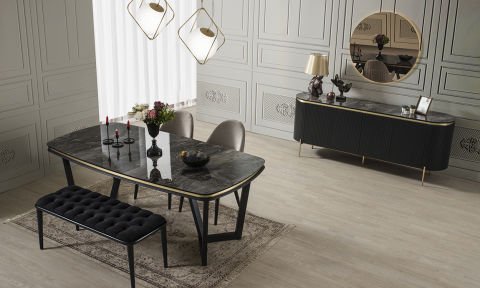 Tesla Siyah-Gold Yemek Odası Takımı