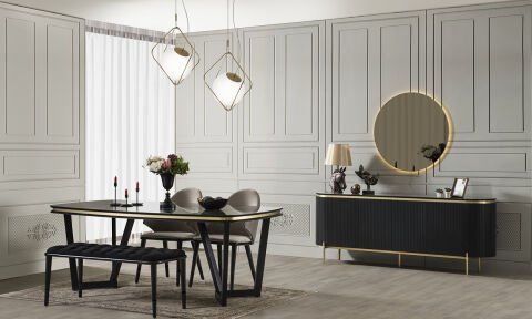 Tesla Siyah-Gold Yemek Masası ve 4 Sandalye + 1 Bench