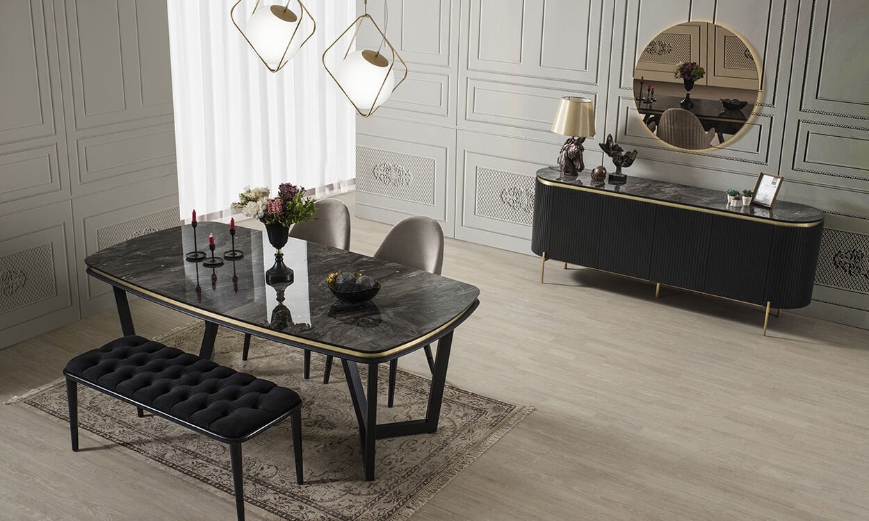 Tesla Siyah-Gold Yemek Masası ve 4 Sandalye + 1 Bench