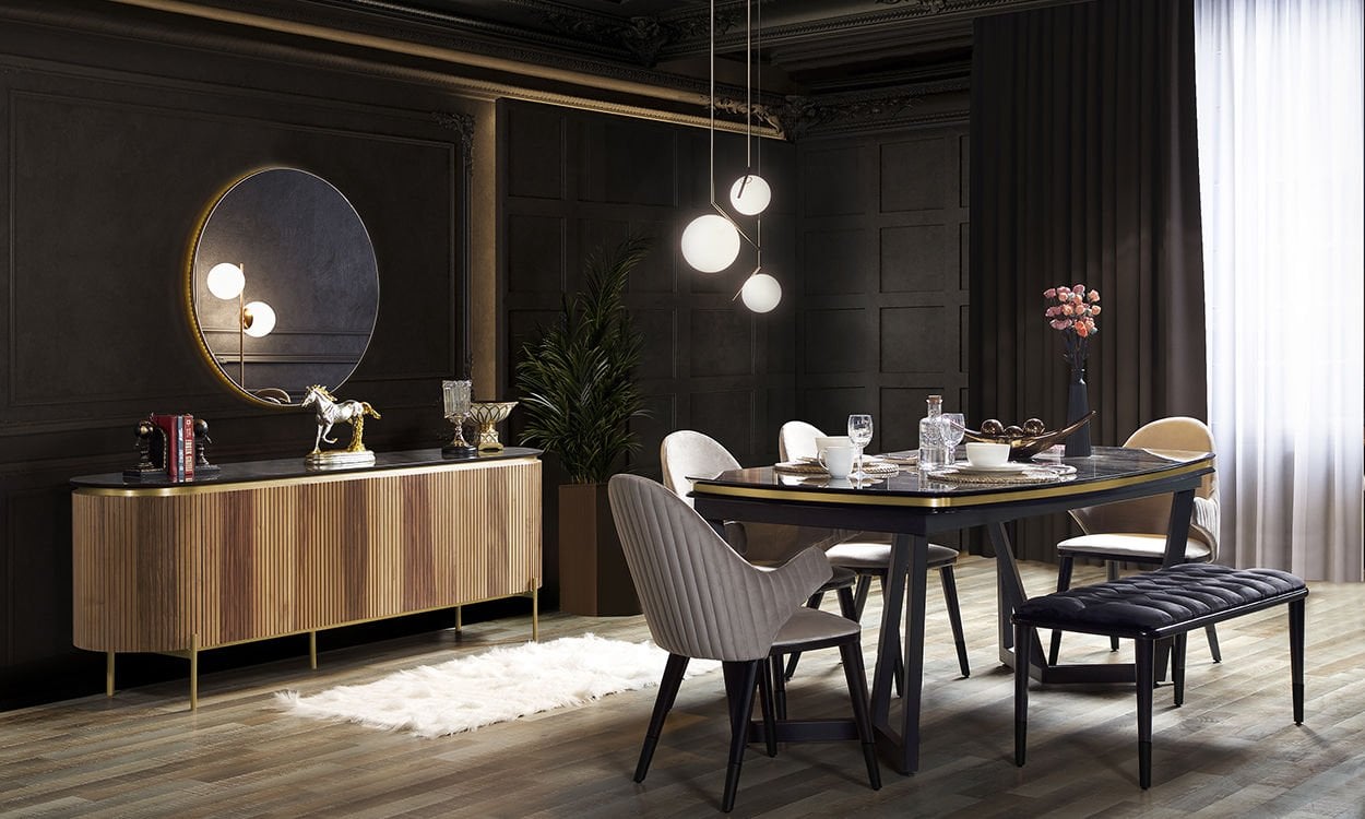 Tesla Ceviz-Gold Yemek Odası Takımı