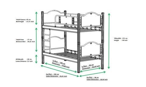Alara Metal Ahşap Tek Kişilik Ranza 90*200 cm (Ceviz)