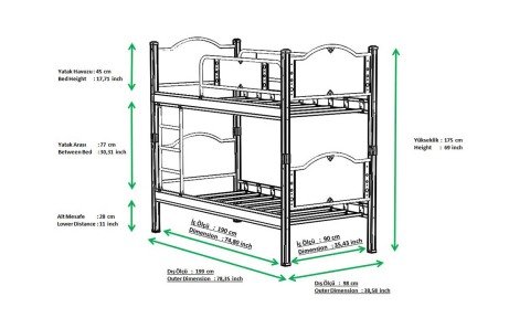 Alara Metal Ahşap Tek Kişilik Ranza 90*190 cm (Ceviz)