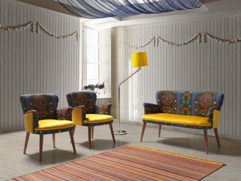 Etnik Desen Sarı 2+1+1 Çay Seti (Balkon, Salon, Ofis, Cafe)