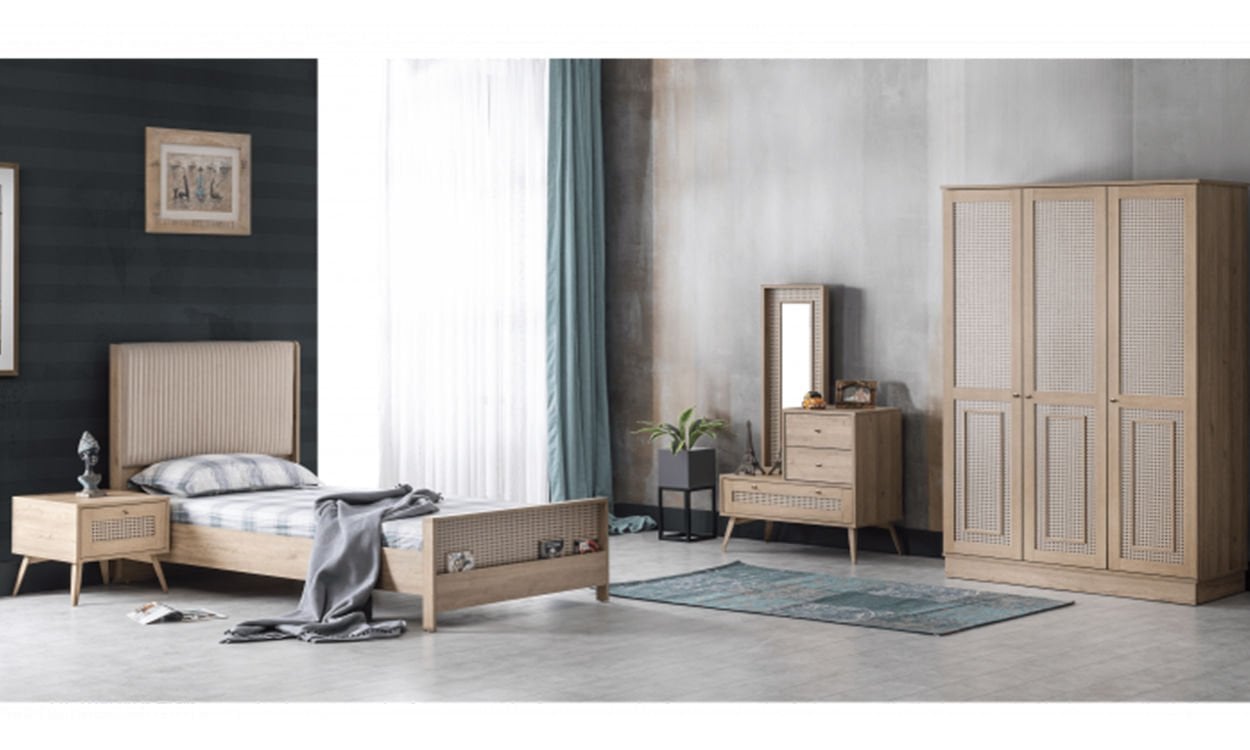 Hazeran Genç Odası Takımı (3 Kapılı Dolap, Komodin, 100*200 cm Başlıklı Karyola)