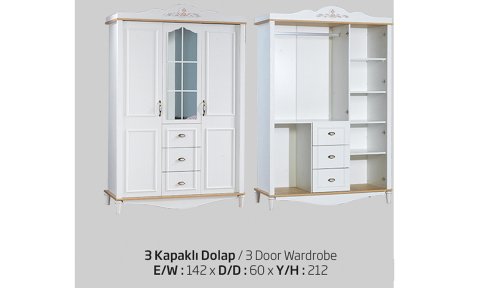 Flora Genç Odası 3 Kapılı Dolap