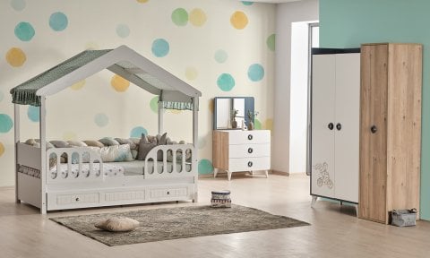 Masal Yeşil Montessori Çocuk Takımı (3 Kapılı Dolap*Montessori Karyola*Şifonyer)