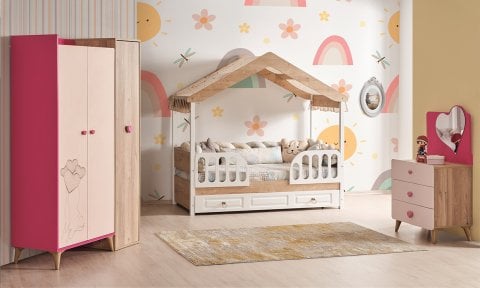Masal Pembe Montessori Çocuk Takımı (3 Kapılı Dolap*Montessori Karyola*Şifonyer)