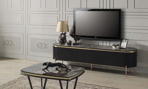 Tesla Siyah-Gold Tv Sehpası