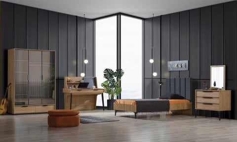 Kolezyum Dışbudak Genç Odası Takımı (3 Kapılı Reflekte Dolap, Komodin, 100*200 cm Başlıklı Karyola)