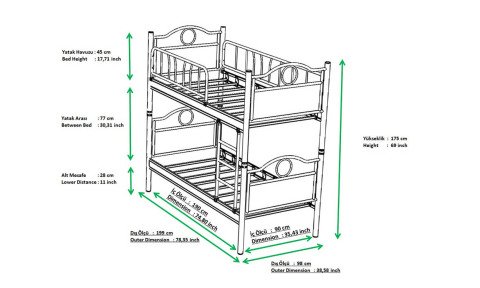 Mabel Metal Ahşap Tek Kişilik Ranza 90*190 cm