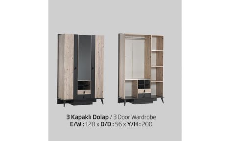 Rodi Soho Genç Odası 3 Kapaklı Dolap