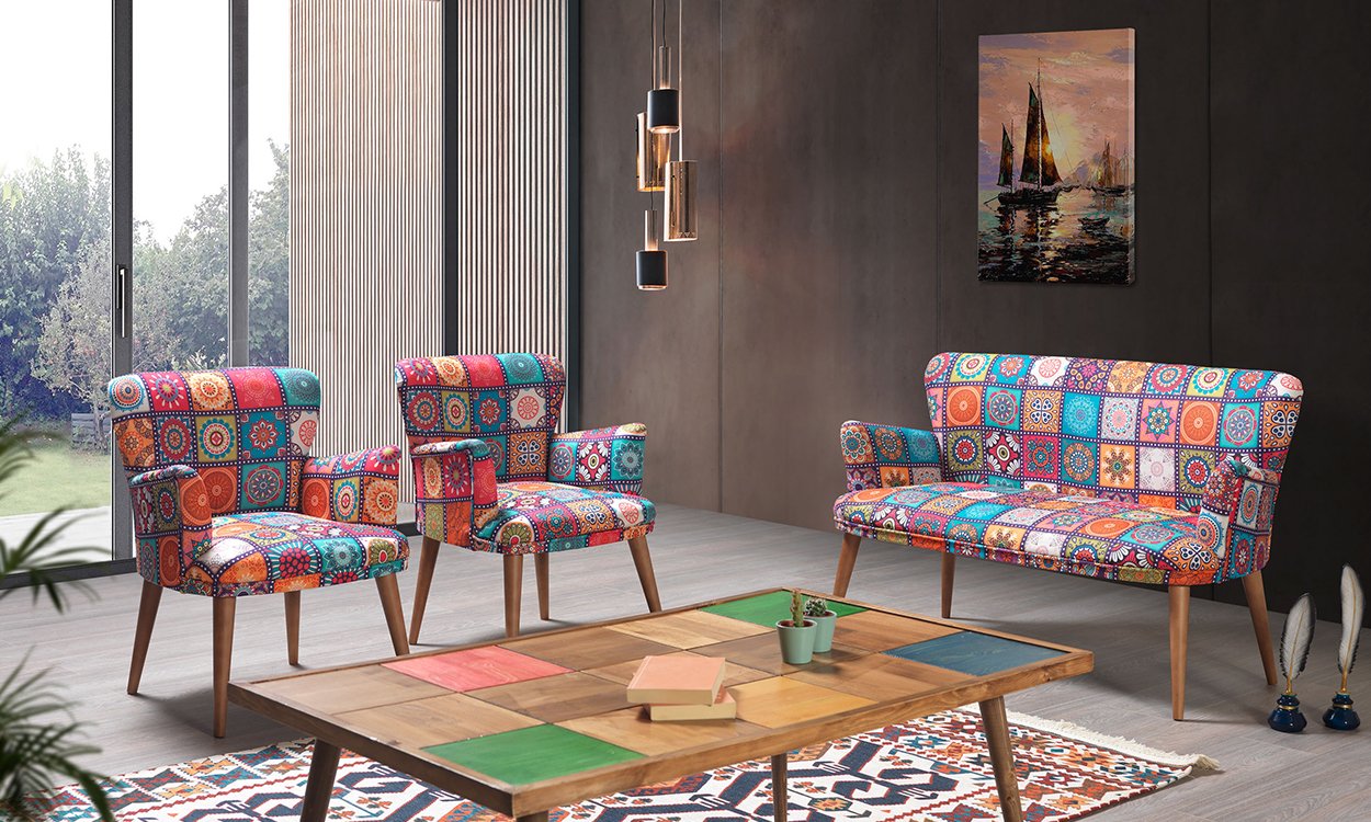 Liya Patchwork  2+1+1+Sehpalı Çay Seti (Balkon, Salon, Ofis, Cafe)