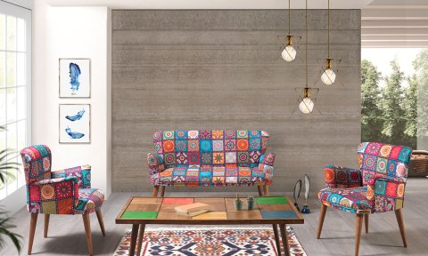 Liya Patchwork  2+1+1+Sehpalı Çay Seti (Balkon, Salon, Ofis, Cafe)