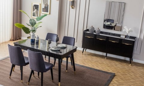 Tesla Siyah Yemek Masası ve 6 Sandalye