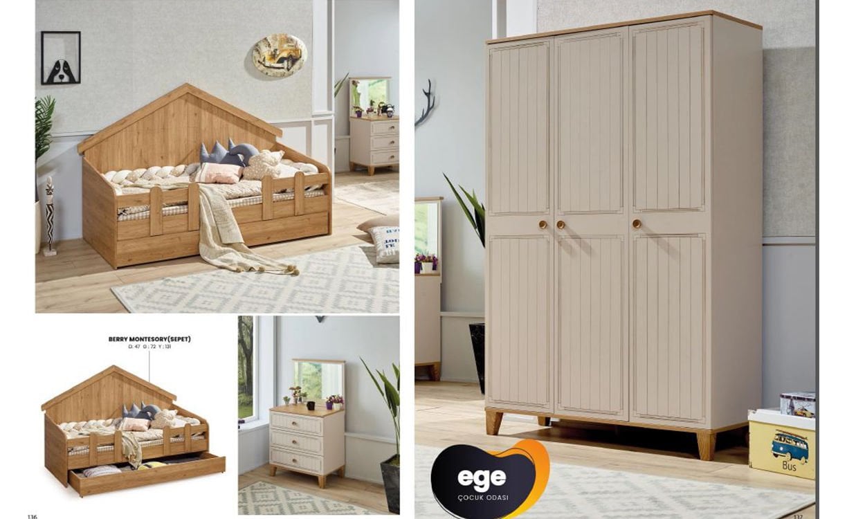Ege Çocuk Odası (Montessori, 3 Kapılı Dolap, Aynalı Şifonyer)