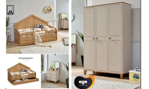 Ege Çocuk Odası (Montessori, 4 Kapılı Dolap, Aynalı Şifonyer)