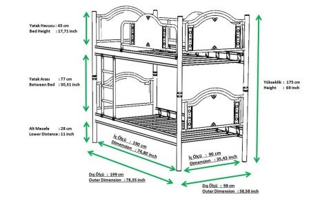 Alara Metal Ahşap Tek Kişilik Ranza  90*190 cm