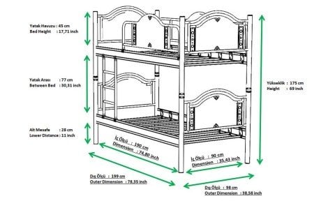 Alara Metal Ahşap Tek Kişilik Ranza  90*190 cm