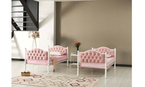 Melisa Metal Ahşap Tek Kişilik Ranza 90*190 cm (Pembe)