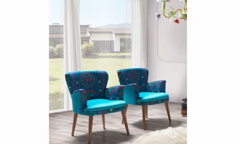Etnik Desen Turkuaz Çay Seti Tekli Koltuk, Berjer (Salon, Balkon, Cafe Ofis)