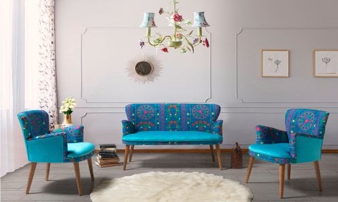 Etnik Desen Turkuaz 2+1+1 Çay Seti (Balkon, Salon, Ofis, Cafe)