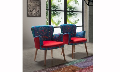 Etnik Desen Kırmızı Çay Seti Tekli Koltuk, Berjer (Salon, Balkon, Cafe Ofis)