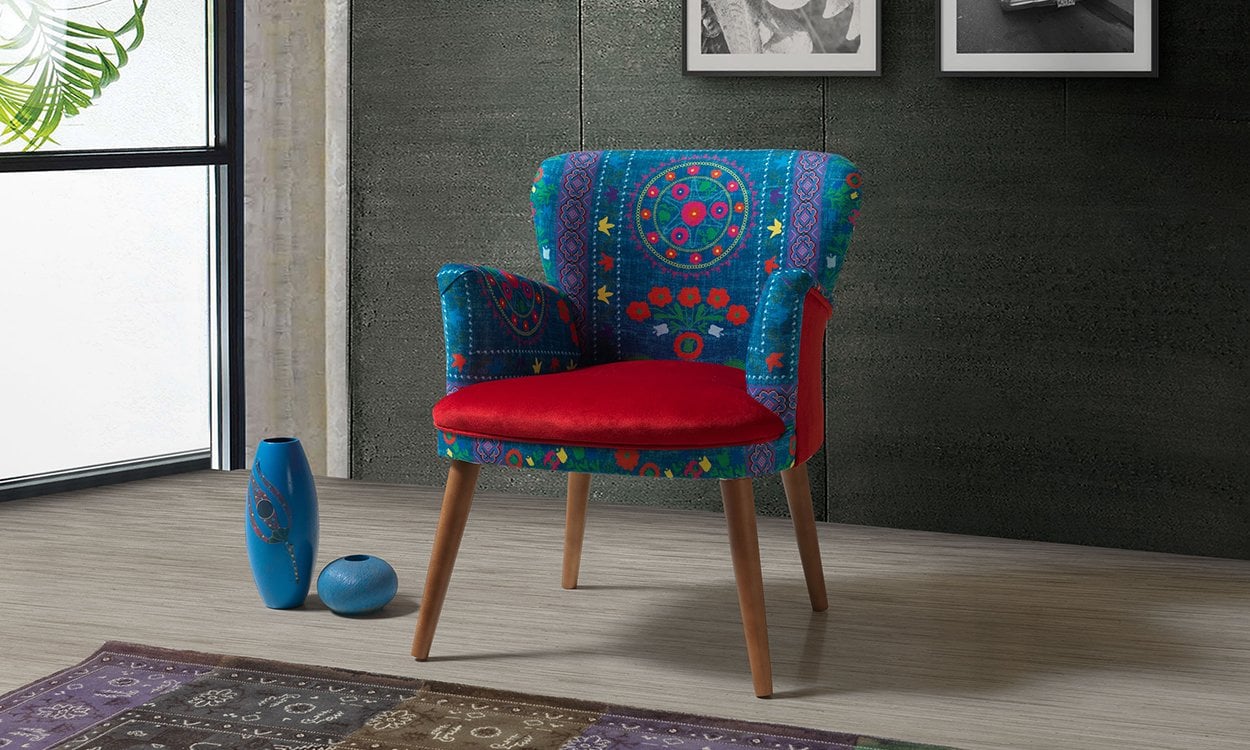 Etnik Desen Kırmızı Çay Seti Tekli Koltuk, Berjer (Salon, Balkon, Cafe Ofis)