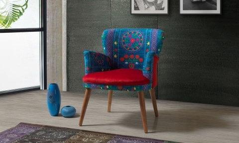 Etnik Desen Kırmızı Çay Seti Tekli Koltuk, Berjer (Salon, Balkon, Cafe Ofis)