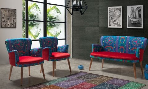 Etnik Desen Kırmızı 2+1+1+Sehpalı Çay Seti (Balkon, Salon, Ofis, Cafe)