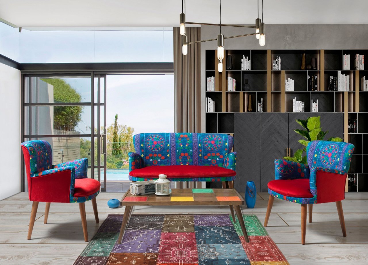 Etnik Desen Kırmızı 2+1+1+Sehpalı Çay Seti (Balkon, Salon, Ofis, Cafe)