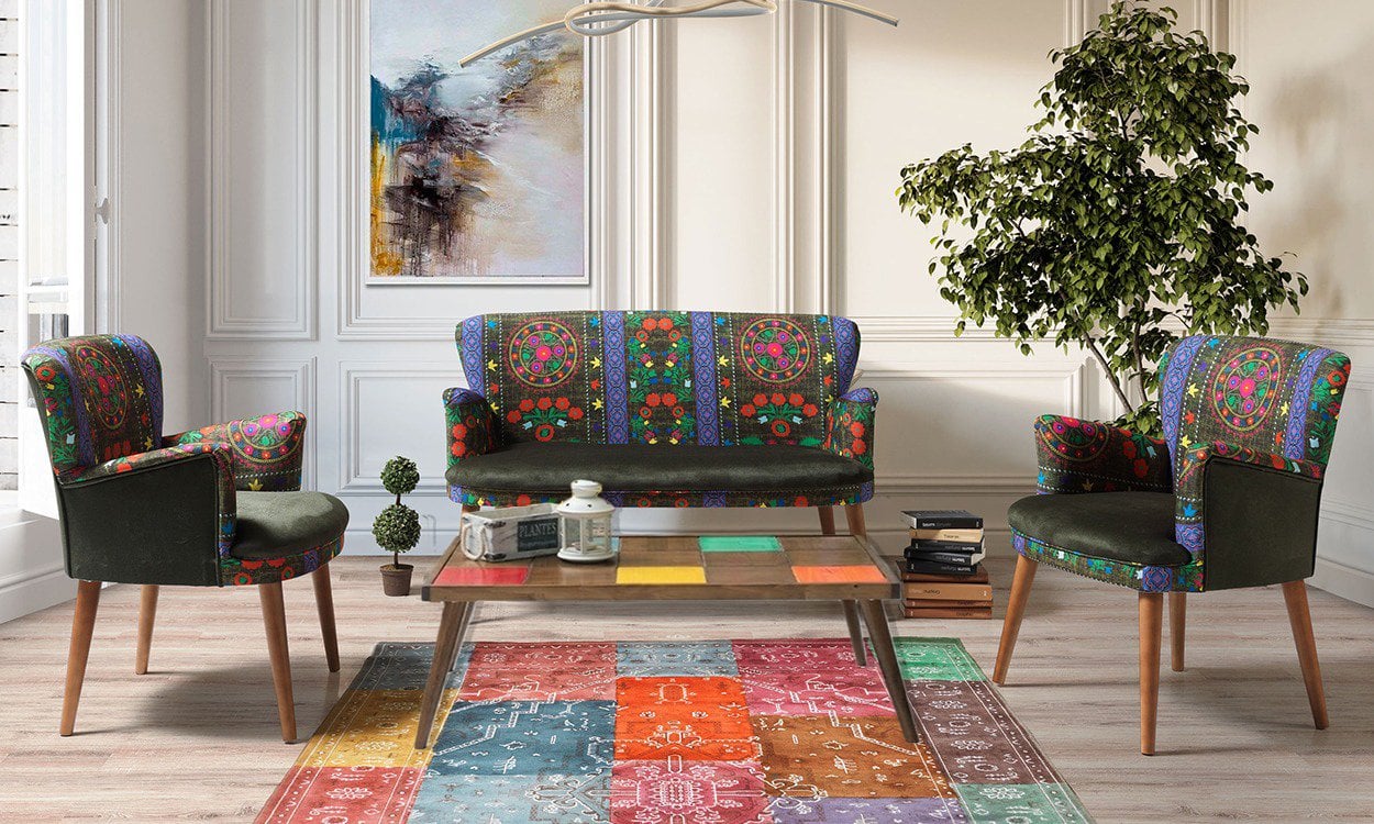 Etnik Desen Yeşil 2+1+1+Sehpalı Çay Seti (Balkon, Salon, Ofis, Cafe)